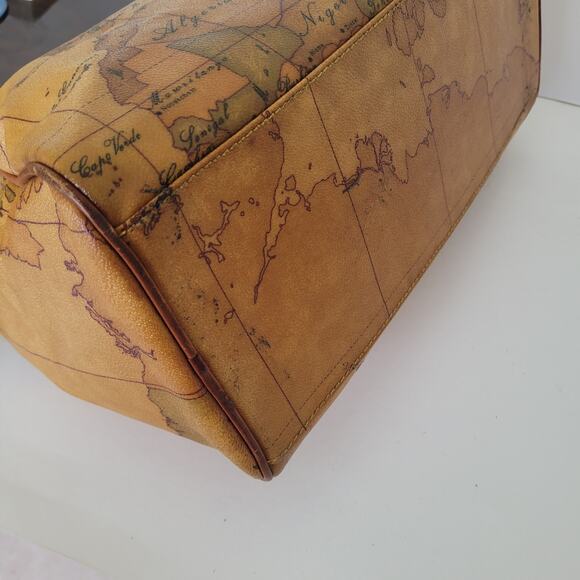 Alviero Martini Vintage Duffle Boston Bag Purse Map Pattern Leather Brown Large - Picture 11 of 16